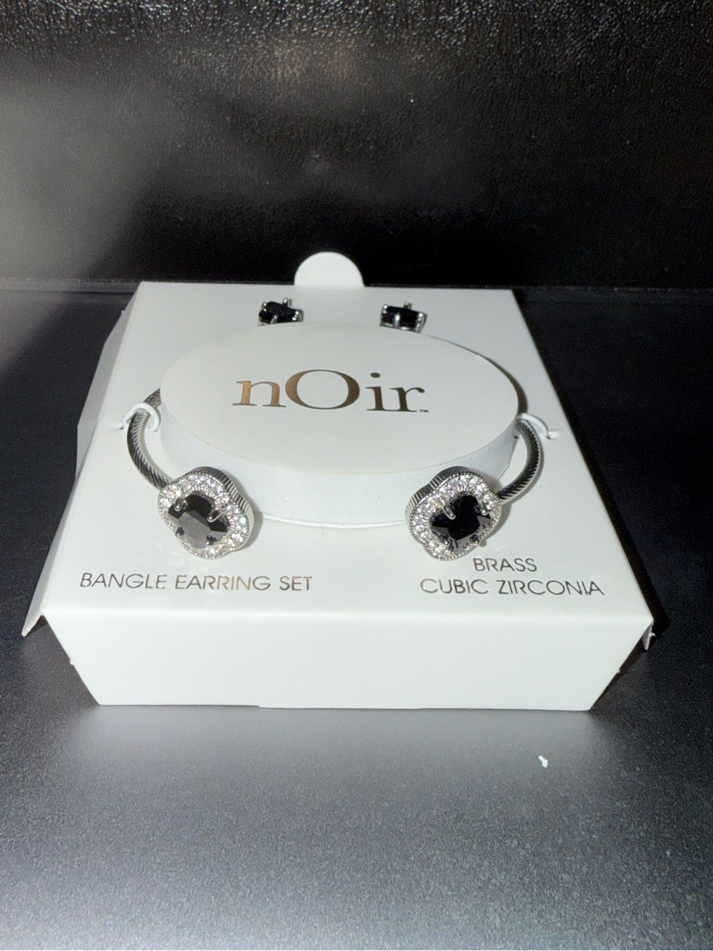 nOir Jewelry Silver-Tone Bangle with Black Flower Studs